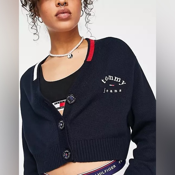 NWT TOMMY JEANS Logo Cropped Oversized Cardigan in Navy - Picture 3 of 5